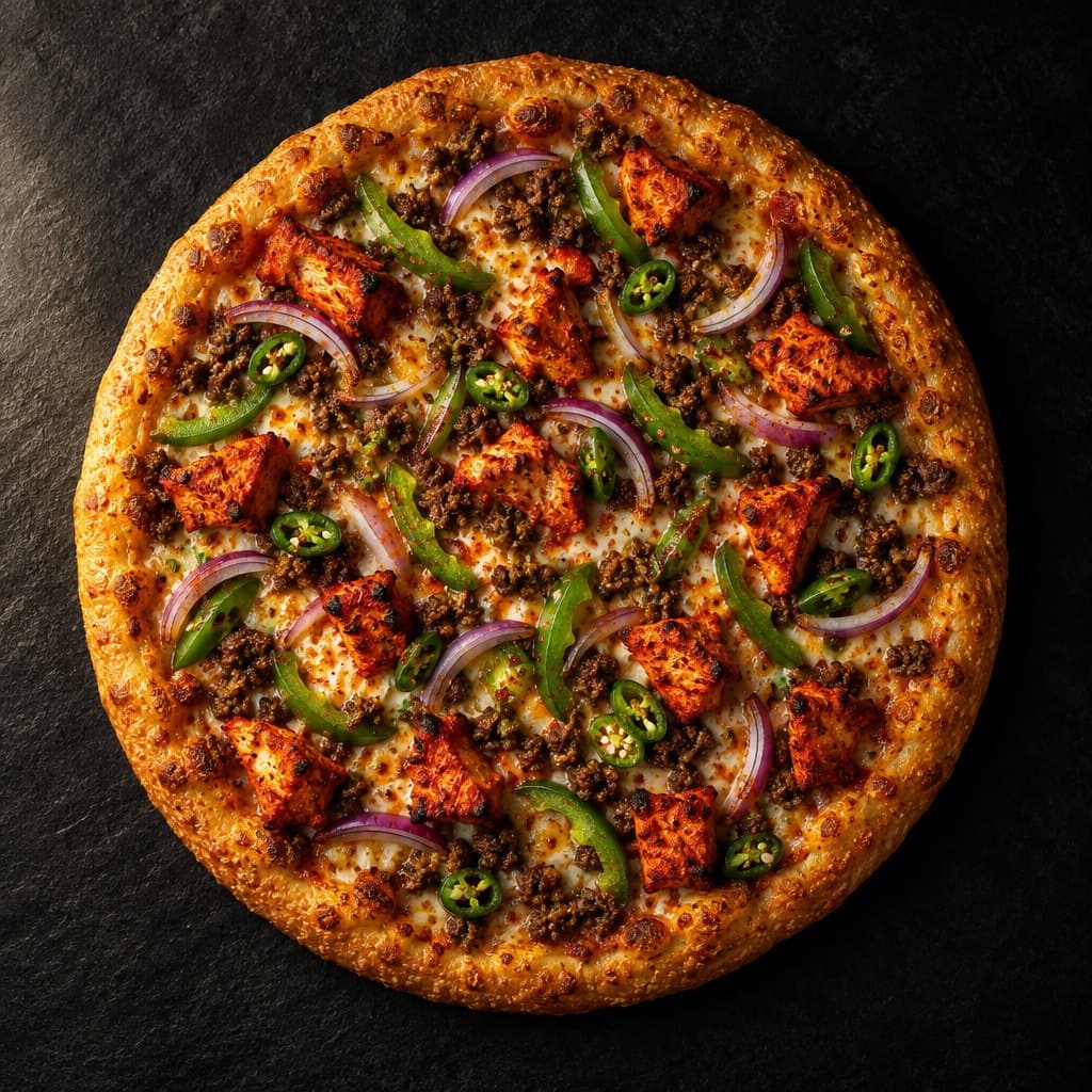 Apna Style pizza topped with tandoori chicken, spicy beef, onions, green chillies and peppers