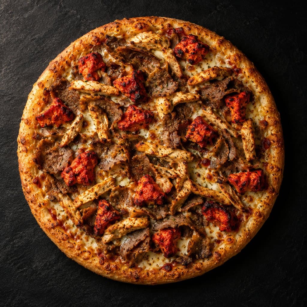 Best In Town pizza loaded with doner meat, chicken shawarma and tandoori chicken