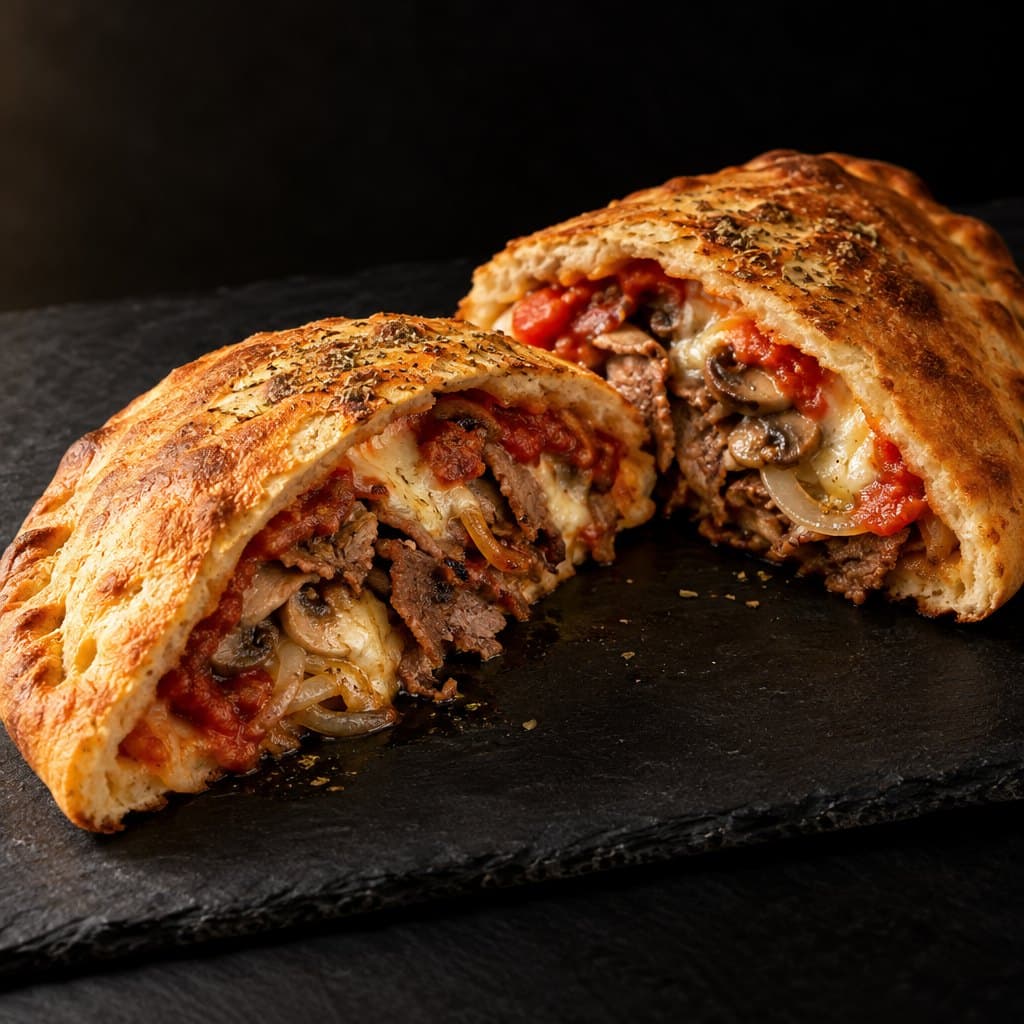 Golden baked calzone cut open showing doner meat, mushrooms and melted cheese