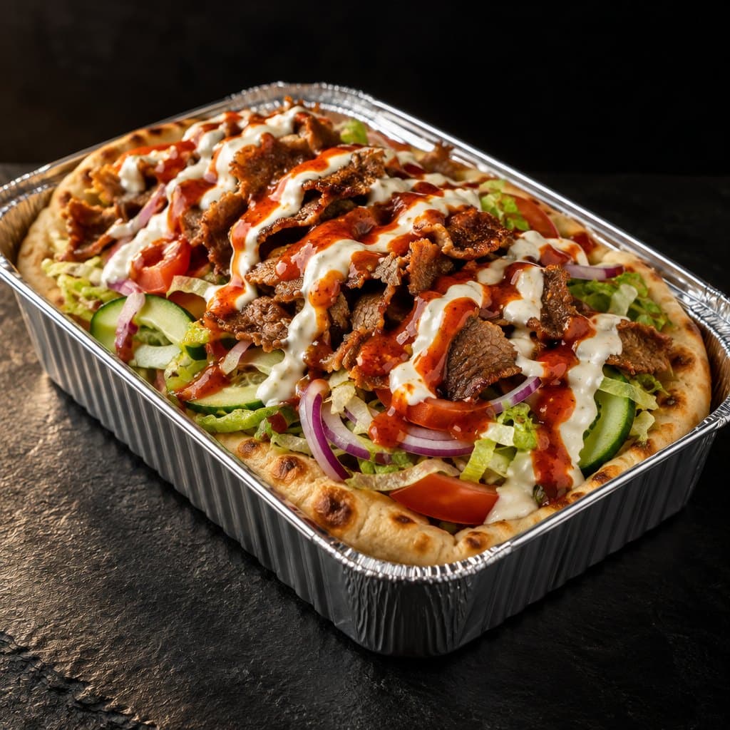 Doner kebab on naan with salad, garlic mayo and chilli sauce in a foil tray