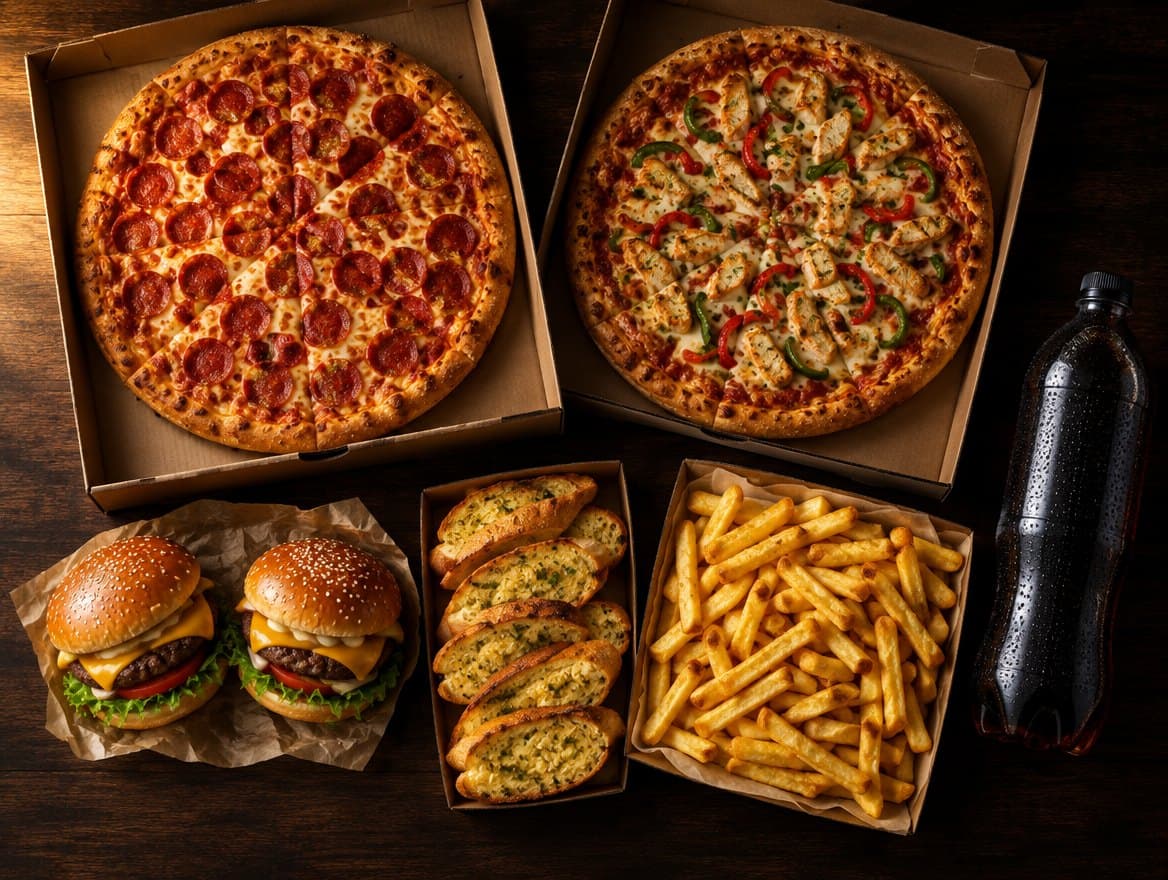Family pack spread: two pizzas, cheeseburgers, garlic bread, chips and a bottle of cola