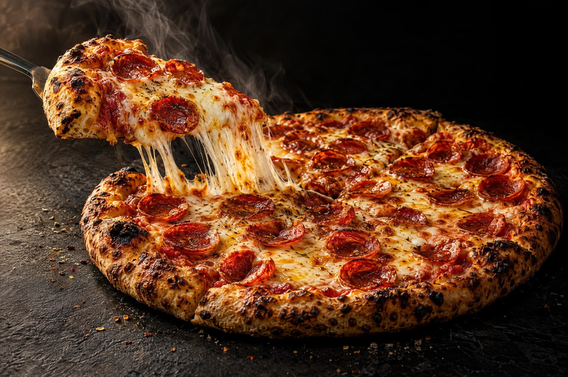 Pepperoni pizza from Aspley's Pizza with a slice lifted and a long cheese pull