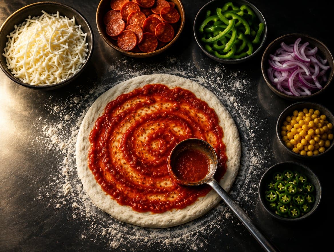 Pizza dough being sauced with bowls of mozzarella, pepperoni, peppers, onion, sweetcorn and chillies ready for topping