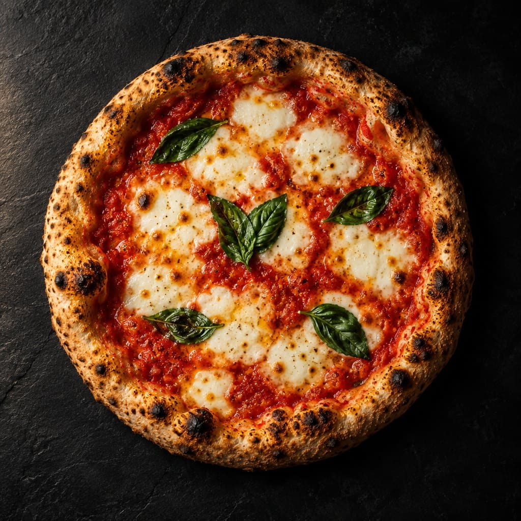 Margherita pizza with bubbling mozzarella and fresh basil