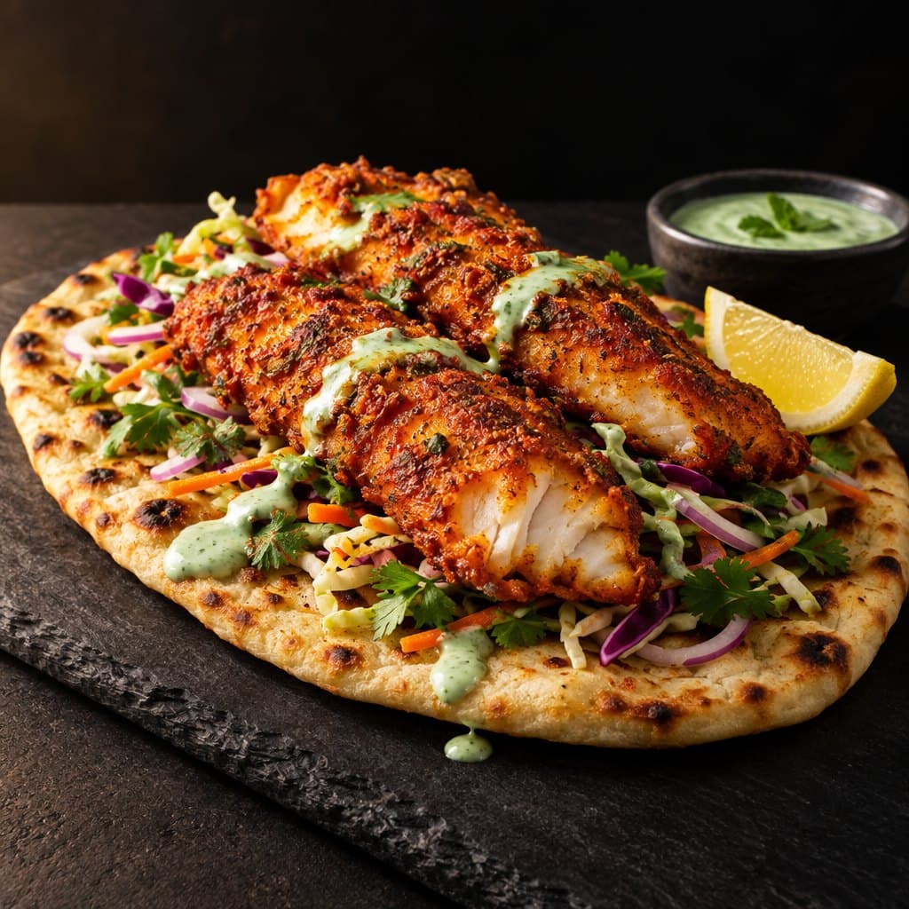 Masala fish on naan with salad
