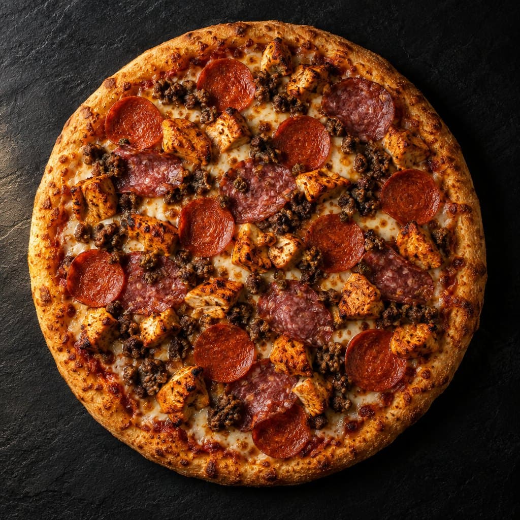 Meat Feast pizza with chicken tikka, pepperoni, spicy beef and salami