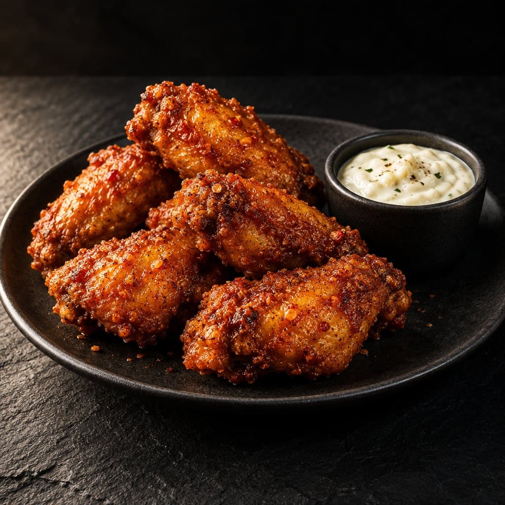 Six crispy spicy chicken wings on a plate with a pot of garlic mayo