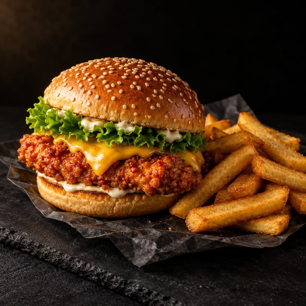 Crispy chicken fillet burger in a sesame bun with chips